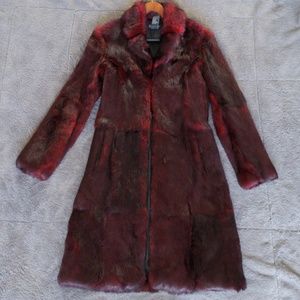 Bebe Wine Red Rabbit Knee Length Fur Coat sz P 0-2